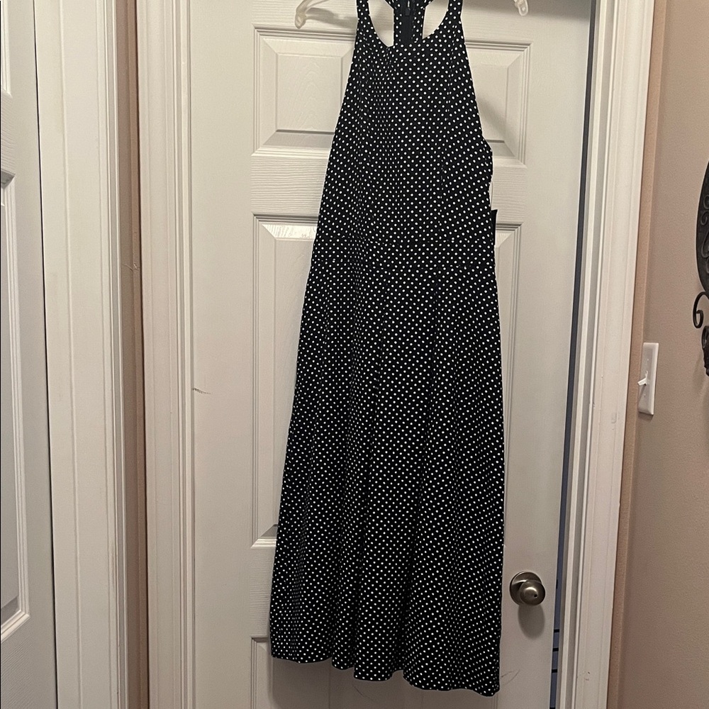 Navy Blue and White Polka Dot Halter Dress